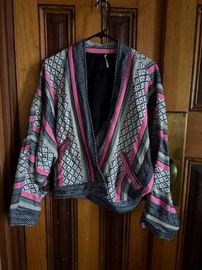 Free People Striped Open-Front Cardigan Jacket in Pink, Black & White